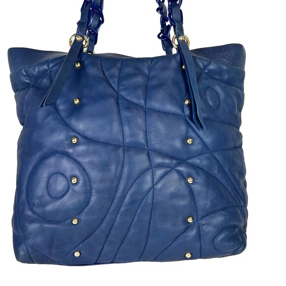 Stuart Weitzman Blue Quilted Shoulder Bag Tote Chain Strap Studded Leather Purse - Picture 2 of 16